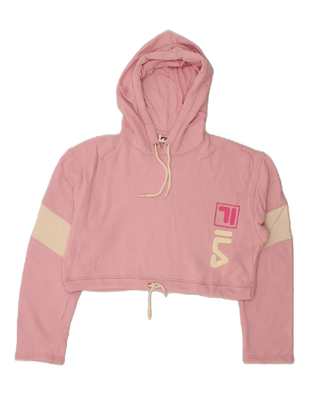 FILA Womens Oversized Crop Hoodie Jumper UK 14 Medium Pink Colourblock Hoodie with Velcro Closure Adjustable Secure