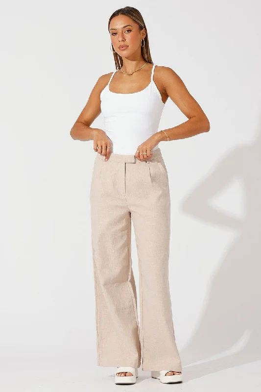 Beige Wide Leg Pants High Rise Tailored Formal Slim Pants