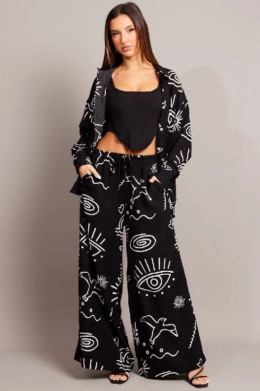 Black Abstract Wide Leg Pants High Rise Casual Skinny Fit Pants