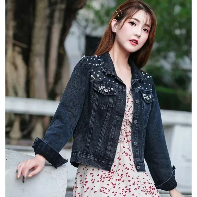 Women's Short Denim Jacket Beaded Pearl Jacket Loose Spring and Autumn New Denim Jacket Fashion Casual Women's Jacket Cotton Fabric Linen Fabric Terry Fabric