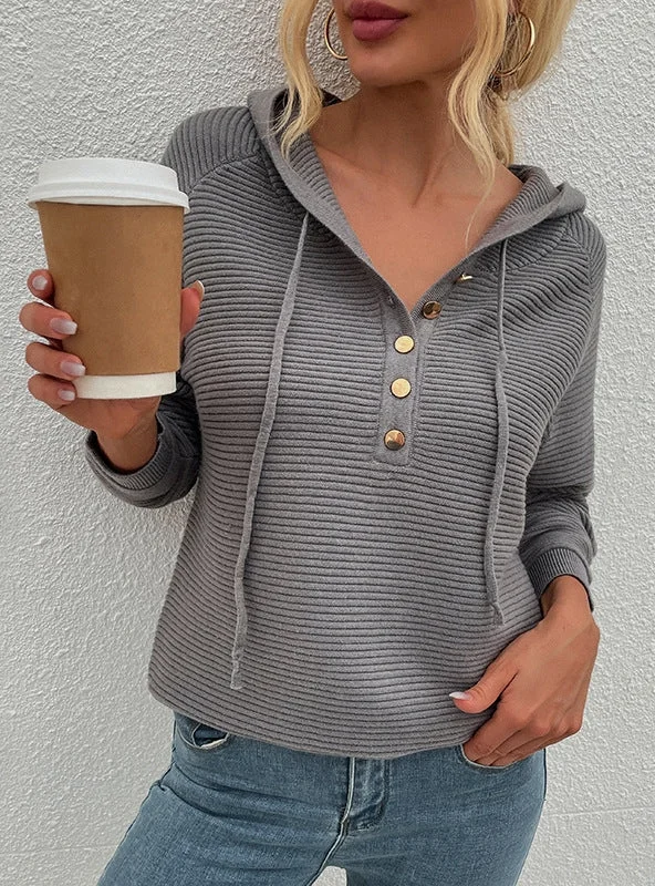 BUTTON DRAWSTRING HOODED KNITTED SWEATER Chenille Blend Fleece Blend Nylon Blend