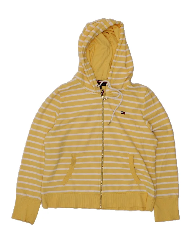 TOMMY HILFIGER Womens Zip Hoodie Sweater UK 18 XL Yellow Striped Cotton Hoodie with Full-Zip Functional Layering