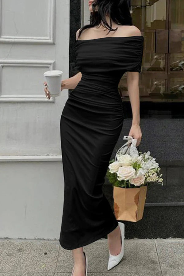 Elegant Solid Color Shoulder Fold Prom Dress Tunics Vintage classic