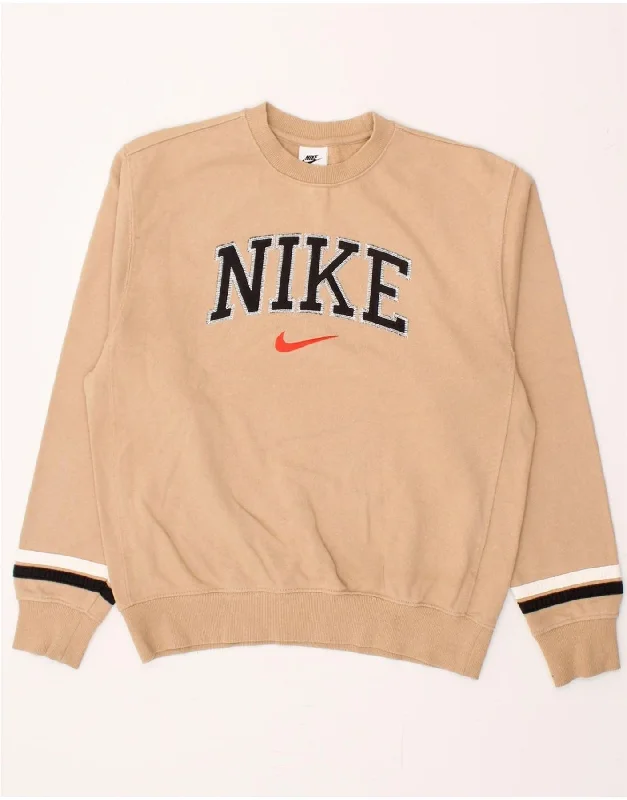 NIKE Womens Oversized Graphic Sweatshirt Jumper UK 10 Small Beige Cotton Hoodie with Drawcord Adjustable Secure