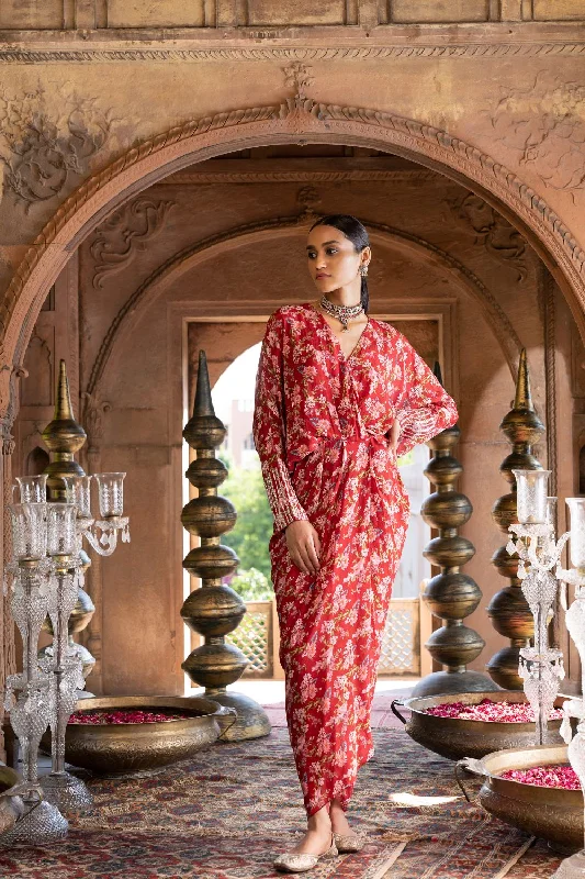 Maroon Printed Draped Dress Tunics Lace romantic