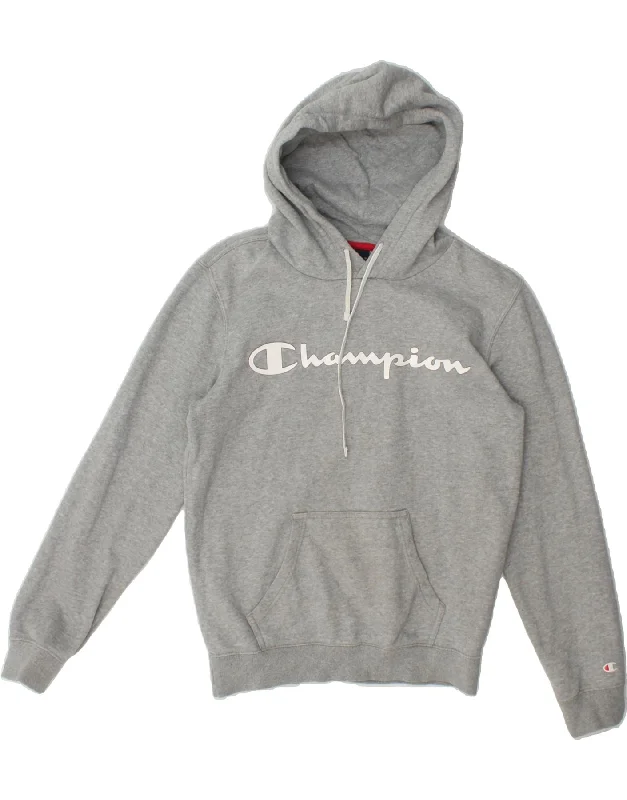 CHAMPION Womens Graphic Oversized Hoodie Jumper UK 6 XS Grey Cotton Hoodie with Cropped Fit Short Trendy