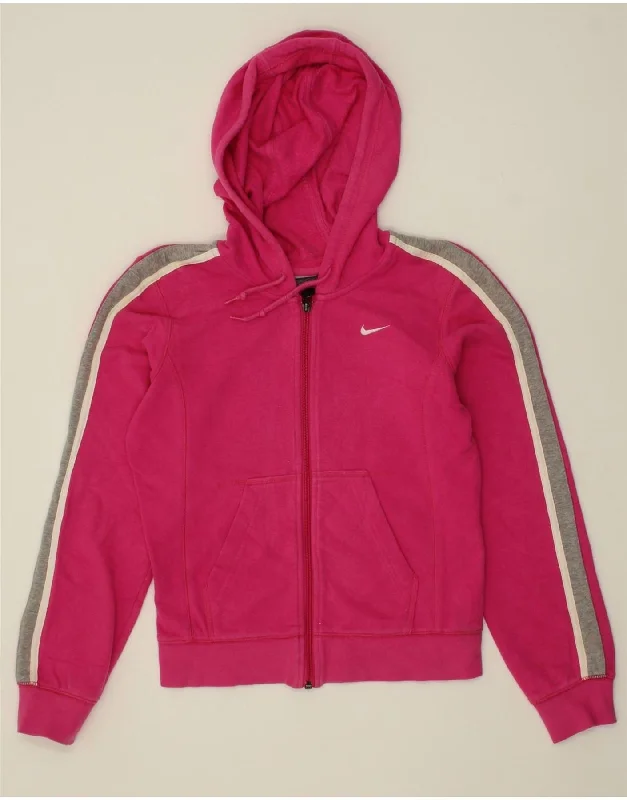 NIKE Womens Zip Hoodie Sweater UK 8/10 Small Pink Colourblock Cotton Hoodie with Drop Shoulder Relaxed Streetwear