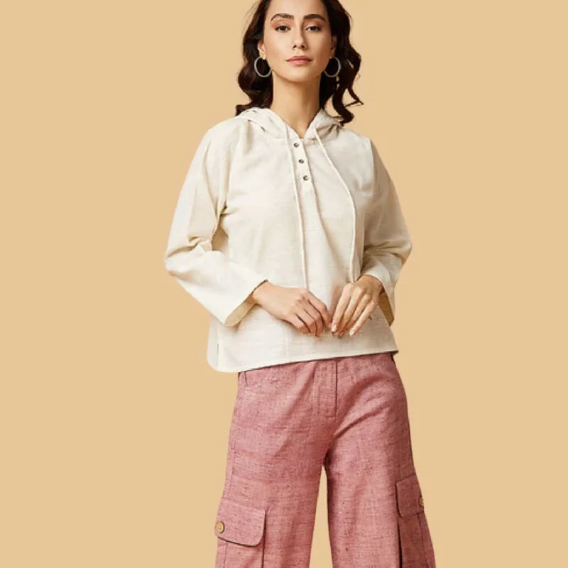 Women Hoodie Styled Top | Relaxed Fit | Peace Silk | | Casual | White Hoodie with Hem Raw Edge Edgy Unfinished