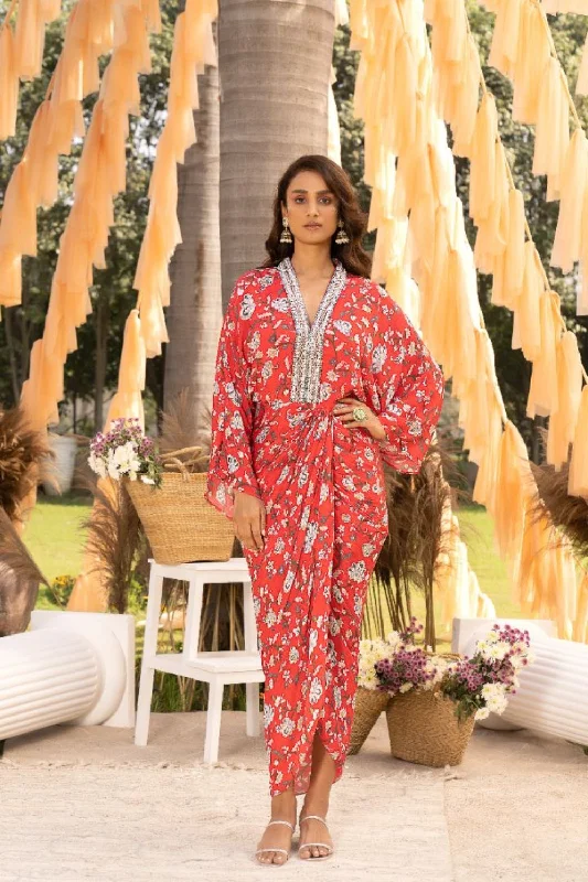 Red Printed Draped Dress Tunics Designer luxury