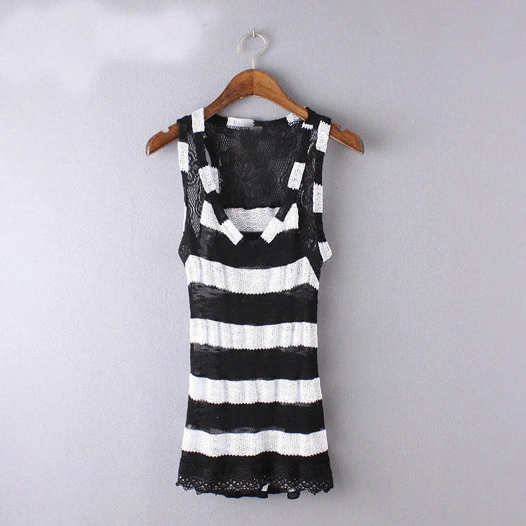 Fashion Crochet Lace Women's Stripe Tank Sleeveless Women Tank Top Fitness Tops Women Casual Tank Vest loose fit tank