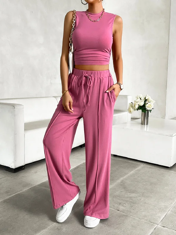 Malia Mock Neck Sleeveless Top and Drawstring Pants Set Modern Bootcut Pants