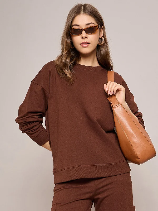 Women Brown Terry Oversized Sweatshirt Hoodie with Magnetic Closure Innovative Modern