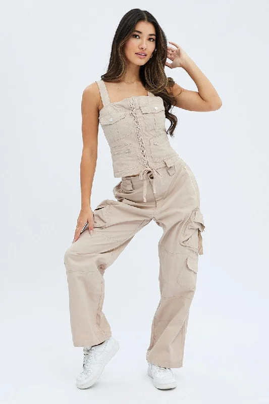 Beige Cargo Pants Low Rise Wide-Legged Palazzos