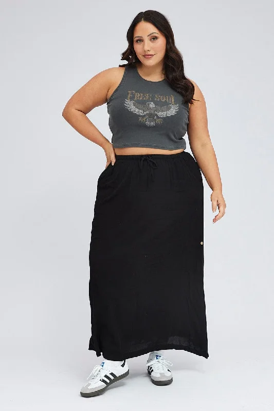 Black Maxi Skirt Long Side Tab Adjustable wool skirt breathable