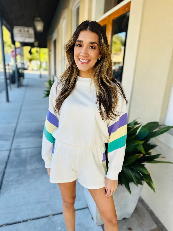 Pastel Stripe Sweatshirt- Ivory Hoodie with Mock Neck Collared Structured