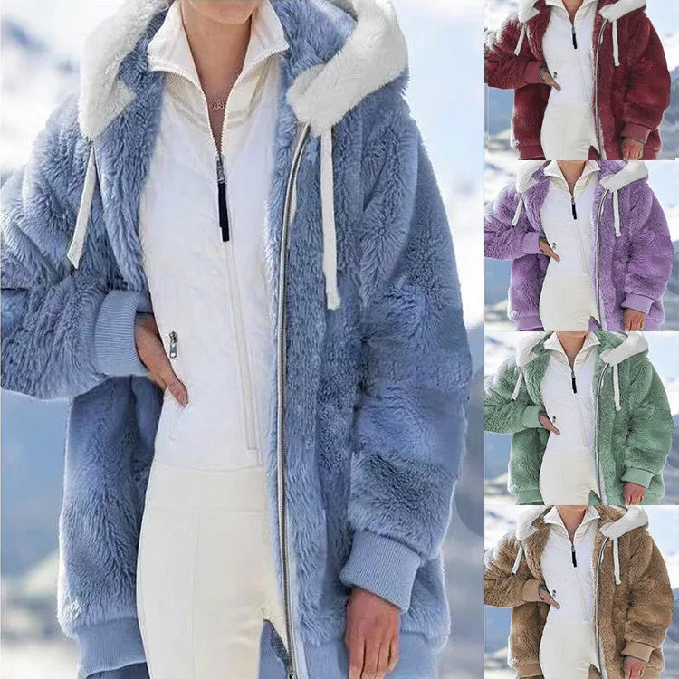 Fall and Winter New Women's Loose Long Padded Zipper Hooded Jacket Jacket Tops Denim Fabric Leather Fabric Suede Fabric