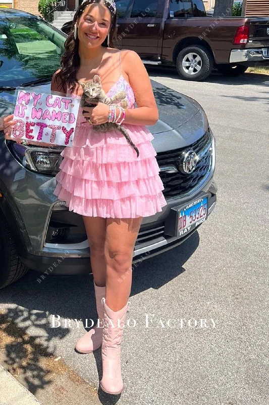 Homecoming Dress | Iridescent Sequined Pink Layered Mini Formal Gown Tunics Modern contemporary Homecoming Dress | Iridescent Sequined Pink Layered Mini Formal Gown Tunics Modern contemporary