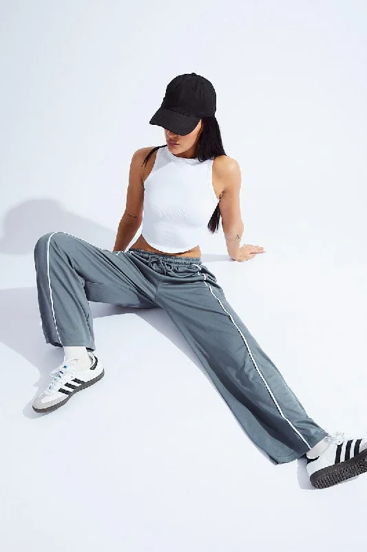 Grey Wide Leg Track Pants Mid Rise Trendy Wide-Legged Trousers