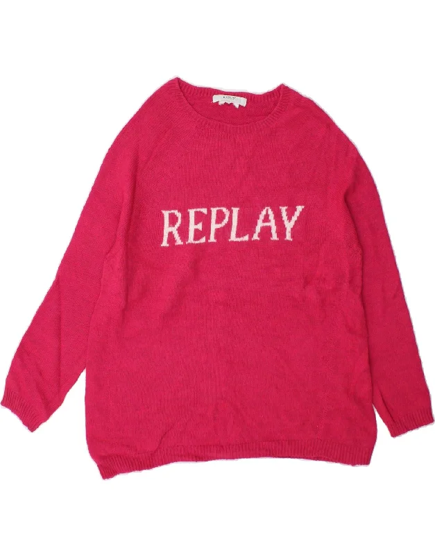 REPLAY Womens Graphic Boat Neck Jumper Sweater UK 14 Medium Pink Oversized Loose Flowy