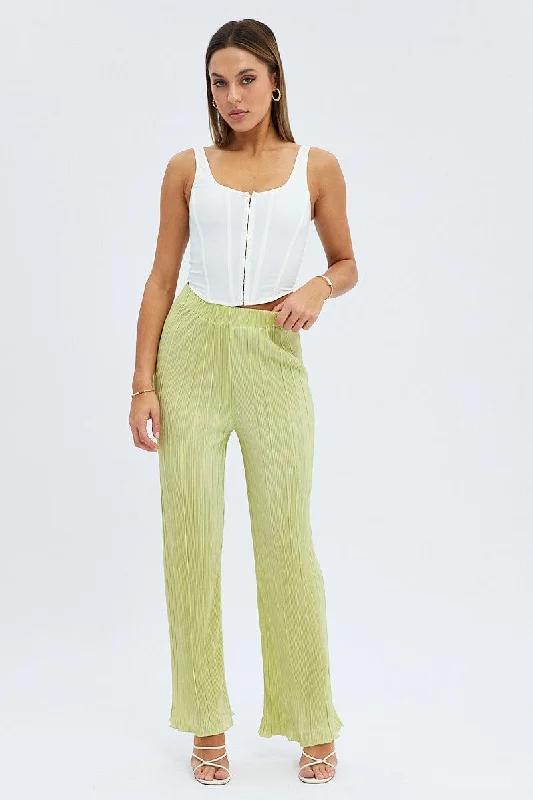 Green Plisse Pants Wide Leg High Rise Elegant Dress Pants