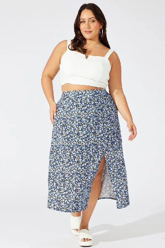 Multi Ditsy Split Rayon Midi Skirt button skirt front