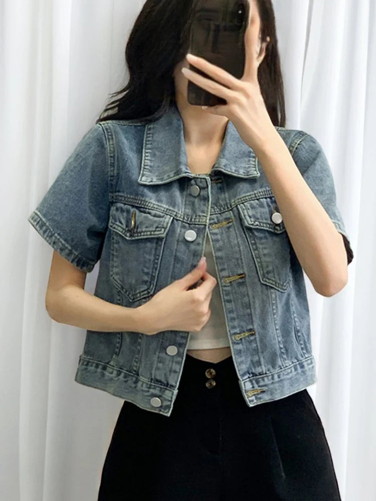 New 2024 Spring Summer Denim Coat Women Short Sleeve Blue Jeans Jackets Turn Down Collar Streetwear Cropped Jackets Womens Front Pockets Side Pockets Patch Pockets