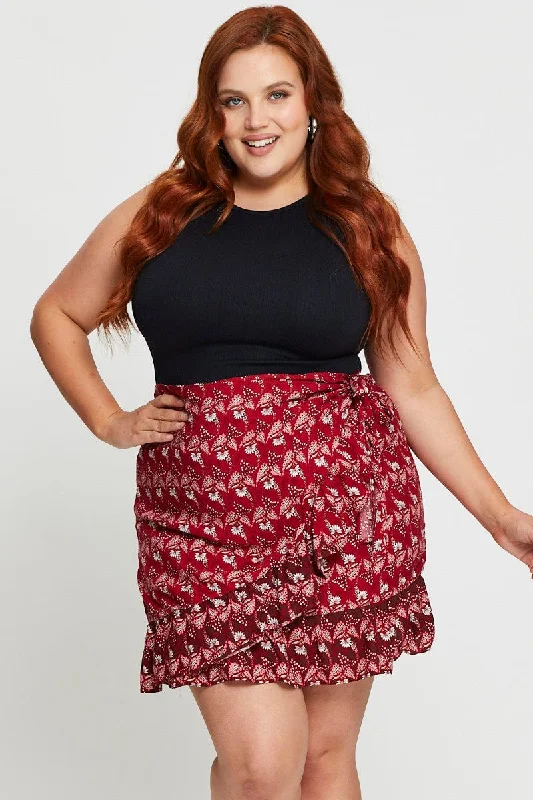 Boho Print Mini Skater Skirt Ruffle Hem velvet skirt plush