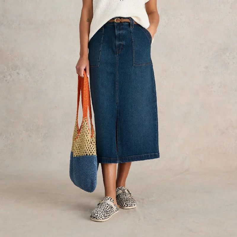 Maren Denim Midi Skirt - Mid Denim silk skirt sleek
