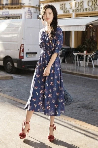 V Neck Floral Print Dress Tunics Seasonal trendy