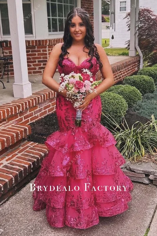 Homecoming Dress | Fuchsia Sequined Trumpet Layered Formal Gown Tunics New arrival