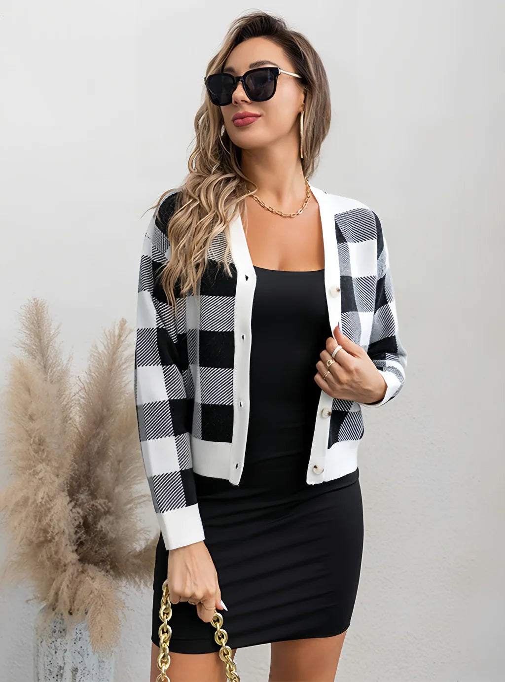 CLASSY RETRO CONTRAST CHECK SWEATER COAT Jersey Fabric Tulle Fabric Batik Fabric