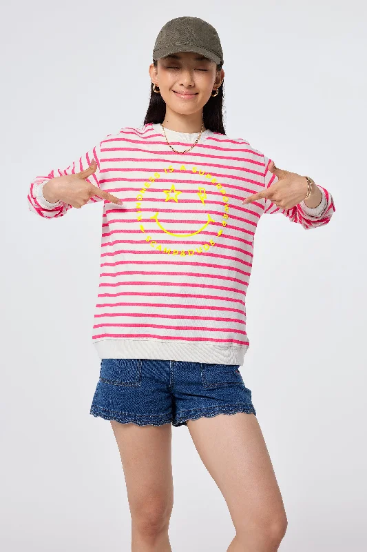 Ivory with Neon Pink Stripe and Smiley Face Oversized Sweatshirt Hoodie with Relaxed Fit Easy Casual