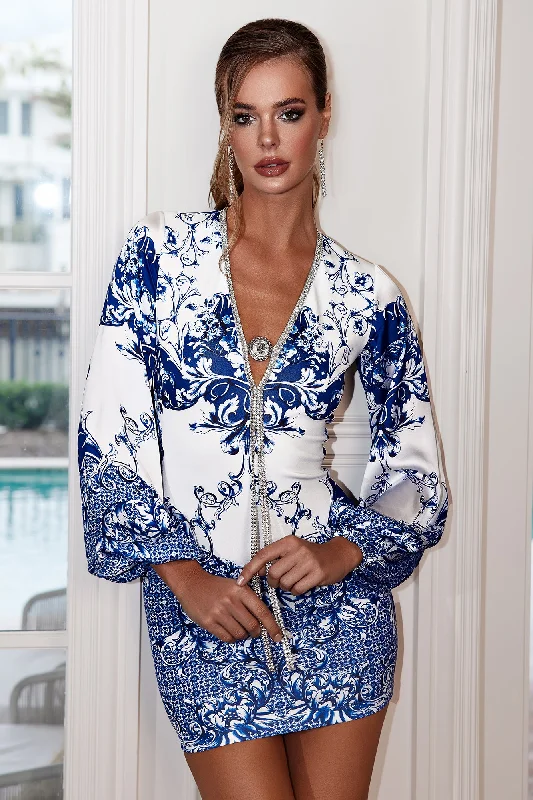 Angelina long sleeve royal blue white flowers scuba - Short Cocktail Dress Tunics Ceremony elegant
