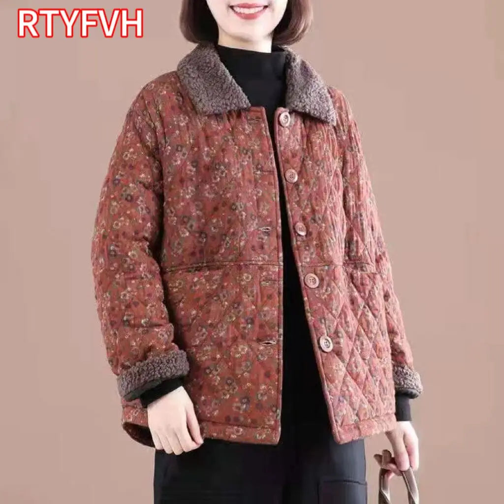 Female Autumn Winter Loose Short Cotton-padded Jacket Women Floral Coat Cotton-padded Jacket Middle-aged Cotton Linen Jacket Denim Jacket Leather Jacket Suede Jacket