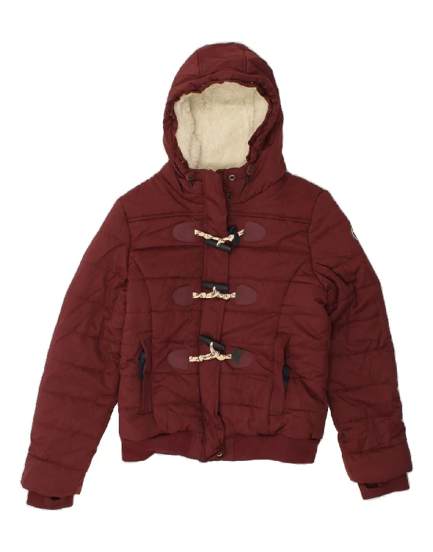 SUPERDRY Womens Hooded Padded Jacket UK 14 Large Burgundy Faux Fur Jacket Real Fur Jacket Shearling Jacket