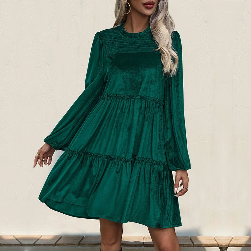 IKEARLAX new long-sleeved solid color dress dark green velvet mid-skirt ruffle edge women's skirt Tunics Trendy modern IKEARLAX new long-sleeved solid color dress dark green velvet mid-skirt ruffle edge women's skirt Tunics Trendy modern