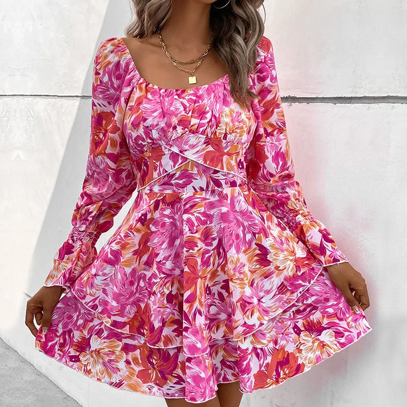 IKEARLAX New New Spring Hot Sale New Fashion 2025 Short Skirt Square Neck Printed Lotus Leaf Edge Dress Turtleneck Warm Winter