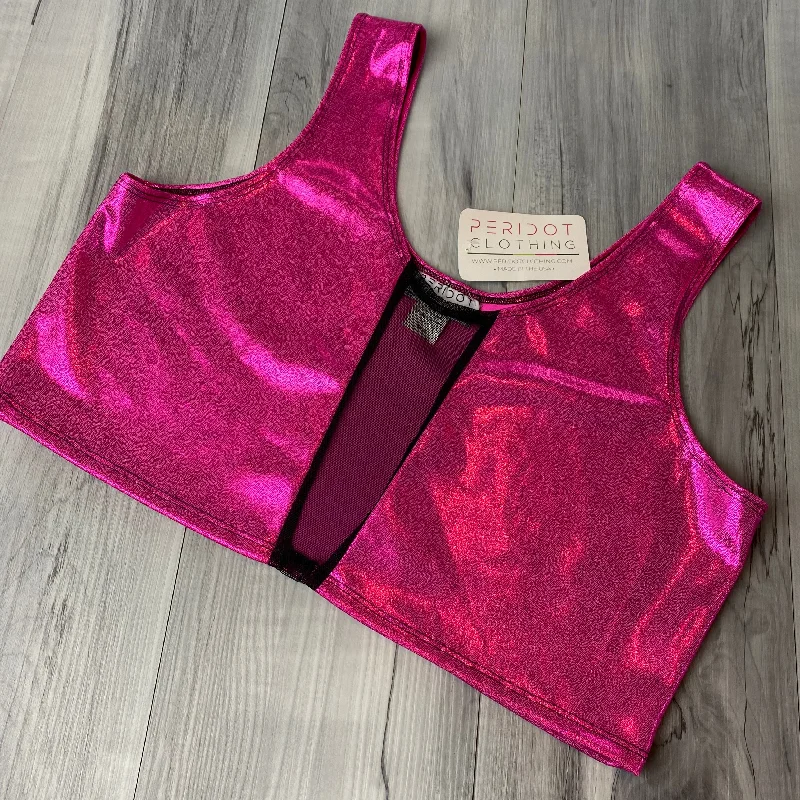 SALE - XL Mesh Inset Crop Tank Top - Pink Sparkle w/Black Mesh silver tank top