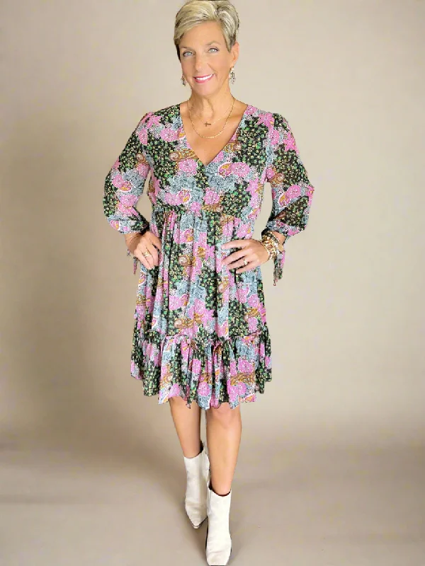 Floral Print Ruffle Dress with Tie Detail on Sleeve Tunics Formal black