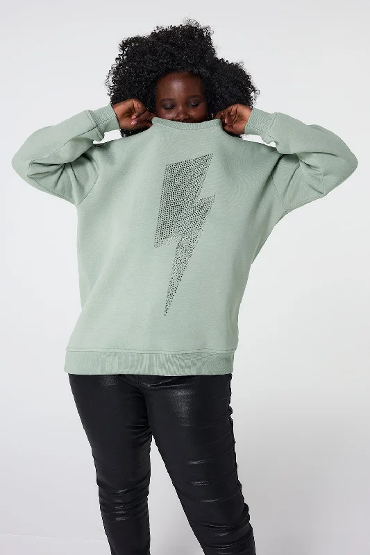 Khaki with Studded Lightning Bolt Oversized Sweatshirt Hoodie with Set-In Sleeves Structured Classic