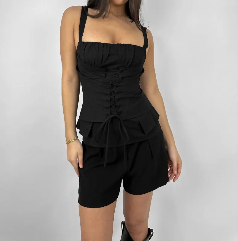 Double Layer Lace Up Corset Tank In Black solid color tank