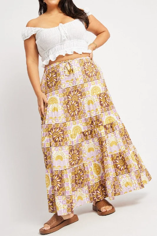Beige Abstract Tiered Maxi Skirt chiffon skirt flowing