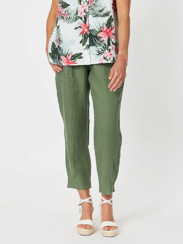 Sarah Linen Pleat Hem Pant - Khaki Formal Linen Trousers