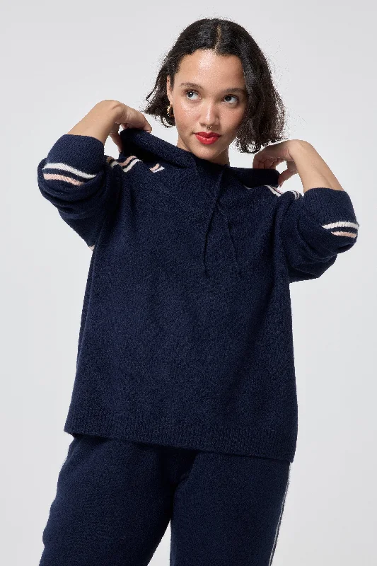 Navy with Ivory and Peach Stripe Knitted Lounge Wear Hoodie Hoodie with Strings Custom Fit Adjustable