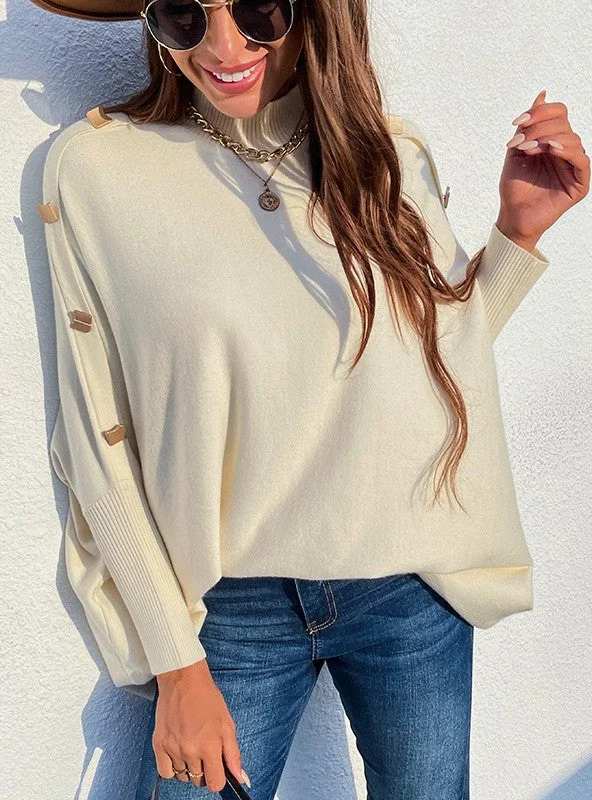 BAT SLEEVE BUCKLE TURTLE NECK SWEATER Casual Formal Business