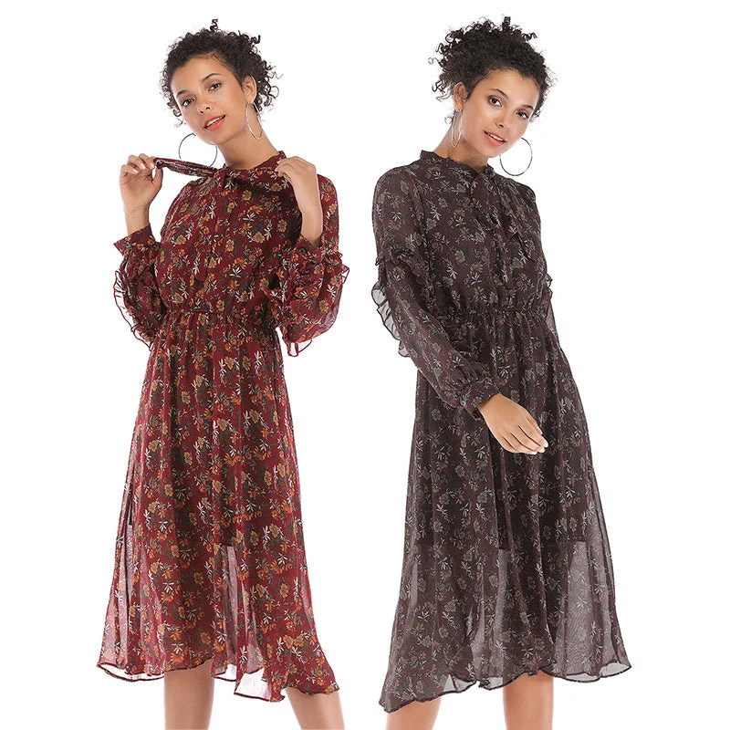 IKEARLAX  autumn  women's clothing fashion temperament small floral chiffon dress  medium and long long-sleeved pendulum skirt Tunics Designer luxury