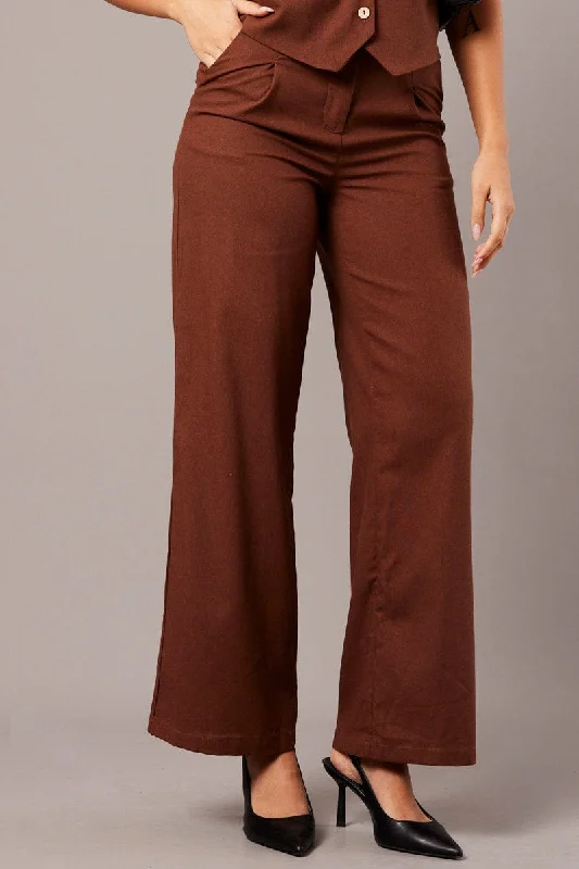 Brown Wide Leg Pants High Rise Soft Stretch Pants