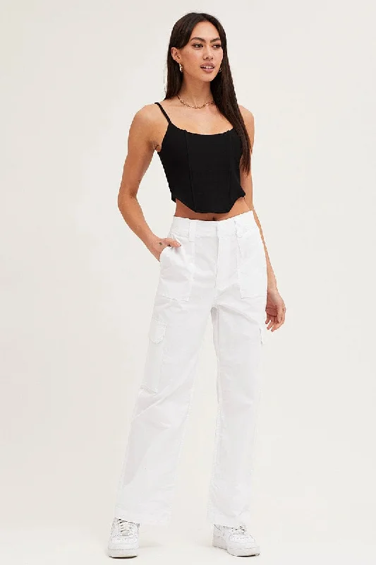 White Cargo Pants High Rise Wide Leg Comfy Zip-Up Pants