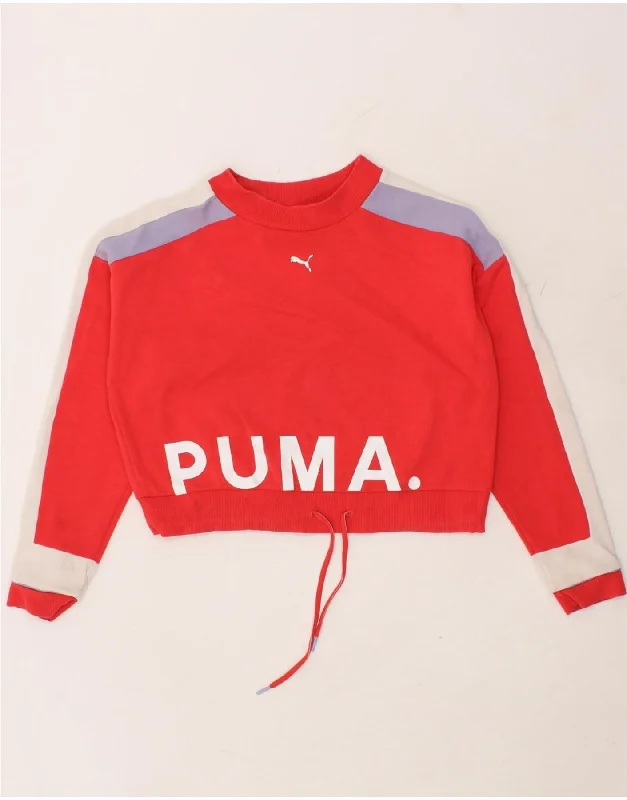 PUMA Womens Oversized Crop Sweatshirt Jumper UK 6 XS Red Colourblock Hoodie with Pastel Soft Subtle