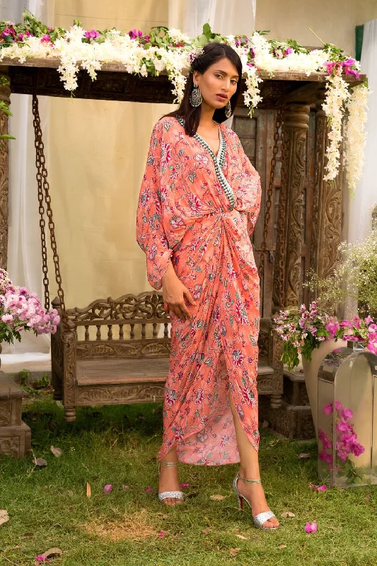 Coral Printed Kaftan Dress With Embroidered Neckline Tunics Evening elegant